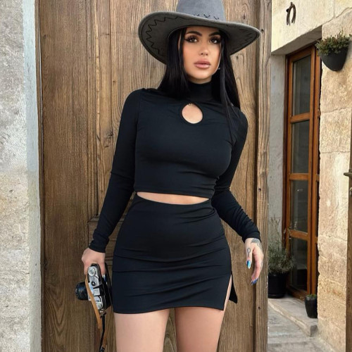 High collar, long sleeves, hollow crop top, slit skirt set for women