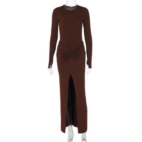 New round neck fashion sexy slim fit slit long sleeve skirt set wholesale