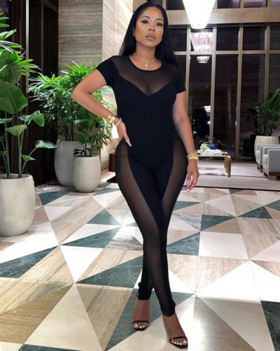Summer new solid color round neck mesh splicing slim short-sleeved trousers jumpsuit