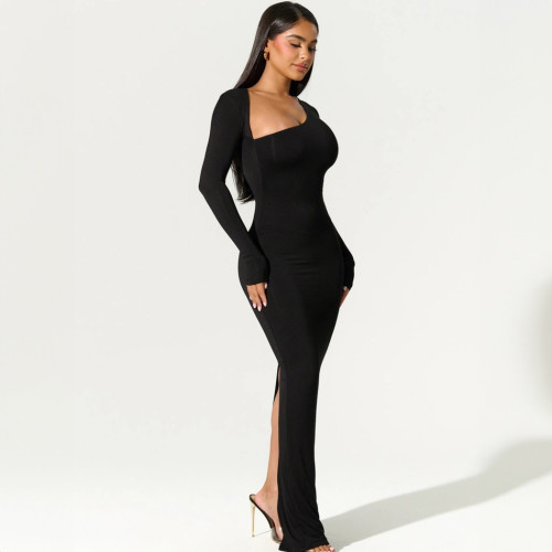 New sexy hot slimming long-sleeved slope neck back slit evening dress