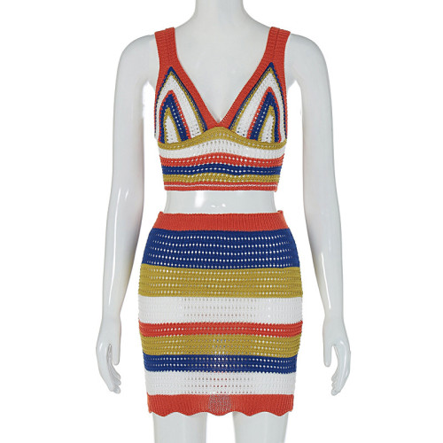 New fashionable color matching slim fit short skirt knitted set
