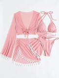 Solid color fringed four piece swimsuit bikini