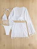 Solid color fringed four piece swimsuit bikini
