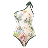 Women's printed patchwork contrasting color beach cover-ups one-shoulder swimsuit two-piece swimming set