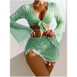 Solid color fringed four piece swimsuit bikini