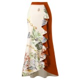 Women's printed patchwork contrasting color beach cover-ups one-shoulder swimsuit two-piece swimming set