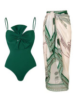 Women's Solid Color One-piece Bow Swimsuit Beach Cover-Ups Swimming Set