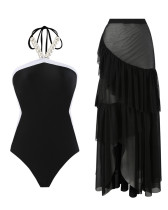 Solid color transparent mesh swimsuit with matching beach cover-ups