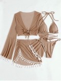 Solid color fringed four piece swimsuit bikini