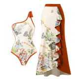 Women's printed patchwork contrasting color beach cover-ups one-shoulder swimsuit two-piece swimming set