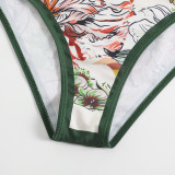 Women's printed patchwork contrasting color beach cover-ups one-shoulder swimsuit two-piece swimming set