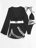 Solid color fringed four piece swimsuit bikini