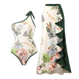 Women's printed patchwork contrasting color beach cover-ups one-shoulder swimsuit two-piece swimming set