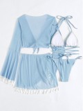 Solid color fringed four piece swimsuit bikini