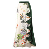 Women's printed patchwork contrasting color beach cover-ups one-shoulder swimsuit two-piece swimming set