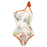 Women's printed patchwork contrasting color beach cover-ups one-shoulder swimsuit two-piece swimming set
