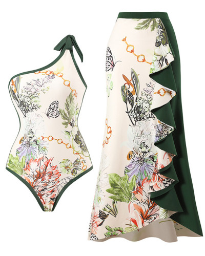 Women's printed patchwork contrasting color beach cover-ups one-shoulder swimsuit two-piece swimming set