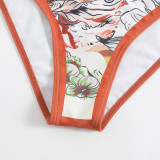 Women's printed patchwork contrasting color beach cover-ups one-shoulder swimsuit two-piece swimming set