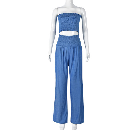 Solid color hollow crop top sexy slim-fitting trousers two piece outfit