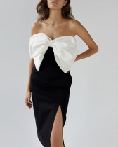 Sexy French long dress with high slit and bow