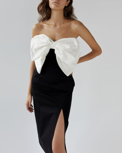 Sexy French long dress with high slit and bow