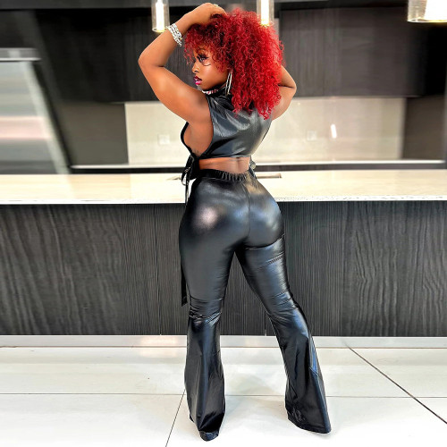 Sexy vest high-waist strapped bell-bottoms stretch leather two piece set
