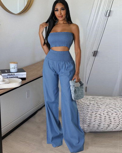 Solid color hollow crop top sexy slim-fitting trousers two piece outfit