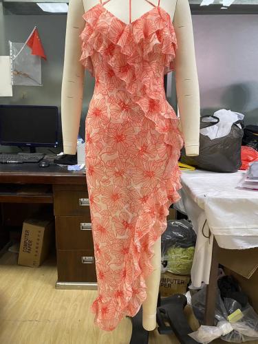 Sexy straps ruffles chiffon floral long dress