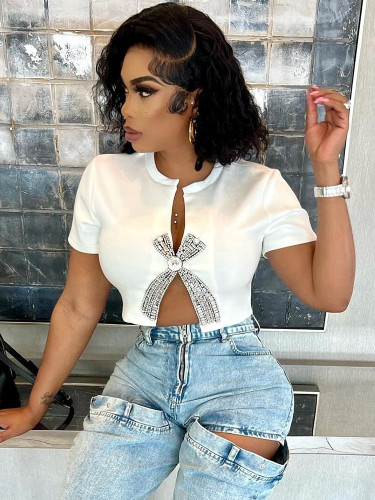 Summer crop top slit rhinestone T-shirt for women