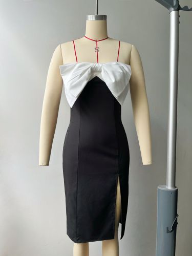 Sexy French long dress with high slit and bow