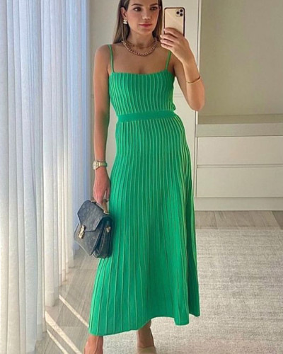2024 Summer Women's Tube Slim High Waist Sling Knitted Dress Seaside Vacation Pleated Long Dress