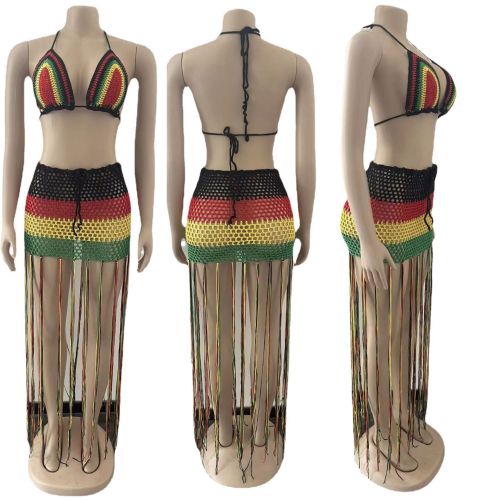 	 Long fringed braided colorblock fringed beach cover-ups