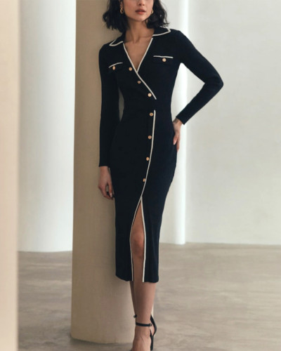 2024 Fashionable Women's V-neck Long Sleeve Fake Button Slim Fit Knitted Dress