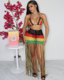 	 Long fringed braided colorblock fringed beach cover-ups