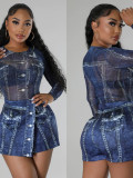 Sexy printed mesh bodysuit and skirt two-piece set