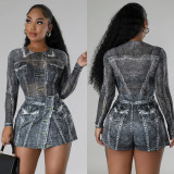Sexy printed mesh bodysuit and skirt two-piece set