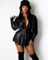 Fashion solid color pu long sleeve shirt dress
