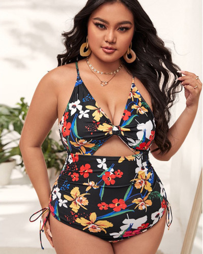 2024 plus size swimwear pleated swimsuit print one-piece bathing suit