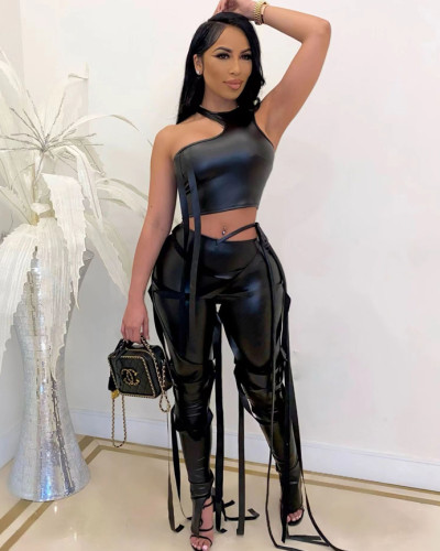 Sexy two-piece vest PU leather pants set nightclub outfit