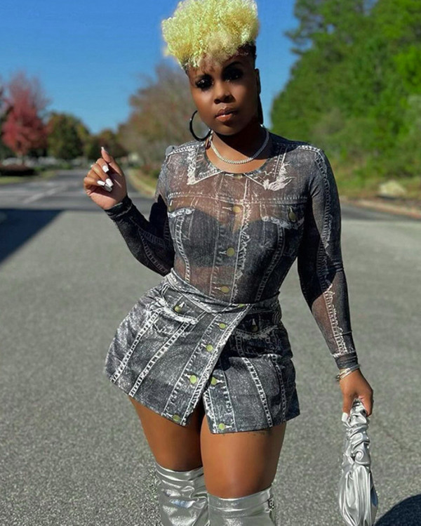 Sexy printed mesh bodysuit and skirt two-piece set