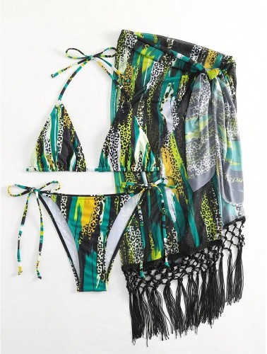 2024 Bikini Three-piece Cover-ups Swimsuit Women's Tassel Sexy Swimwear