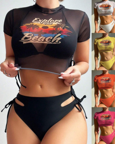 2024 bikini mesh short-sleeved three-piece solid color printed swimsuit for women