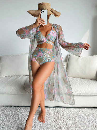 2024 high-end fashion sexy printed bikini swimwear three-piece women's cover-ups swimsuit