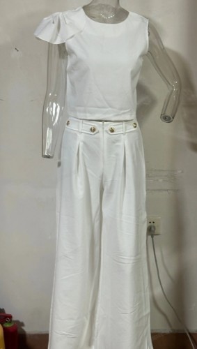 Fashionable solid color petal sleeve high waist temperament pants suit