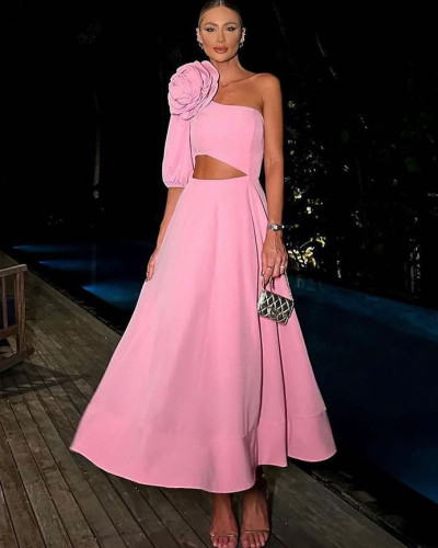 Large flower sloping shoulder single sleeve women's evening long dress
