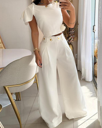 Fashionable solid color petal sleeve high waist temperament pants suit