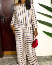 Slash shoulder striped print plus size two-piece pants set