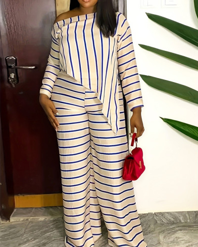 Slash shoulder striped print plus size two-piece pants set