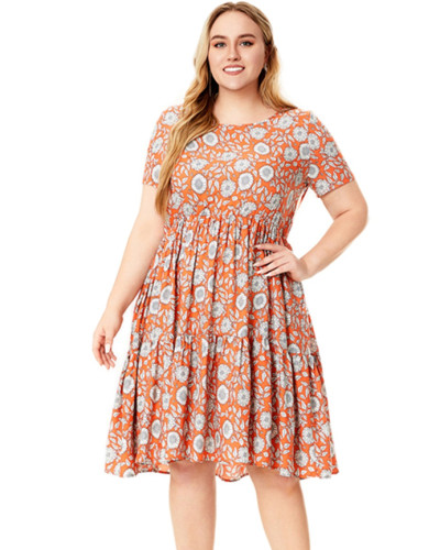 Plus size women's summer round neck short sleeve printed rayon dress