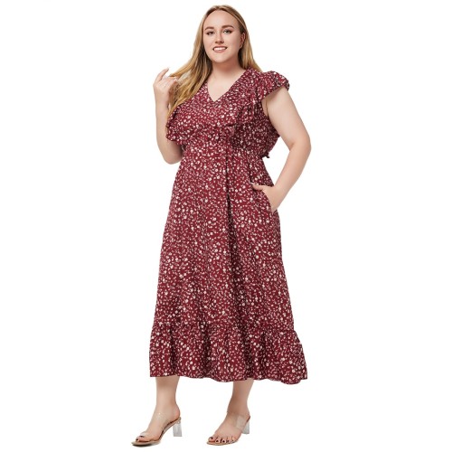 Plus Size Women's Summer Bohemian V-Neck Short Sleeve Ruffle Printed Pocket Dress